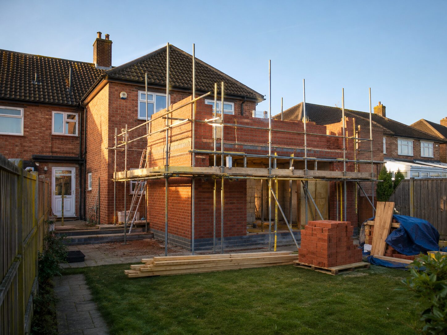 Double storey house extension under construction with scaffolding in a Nottingham garden