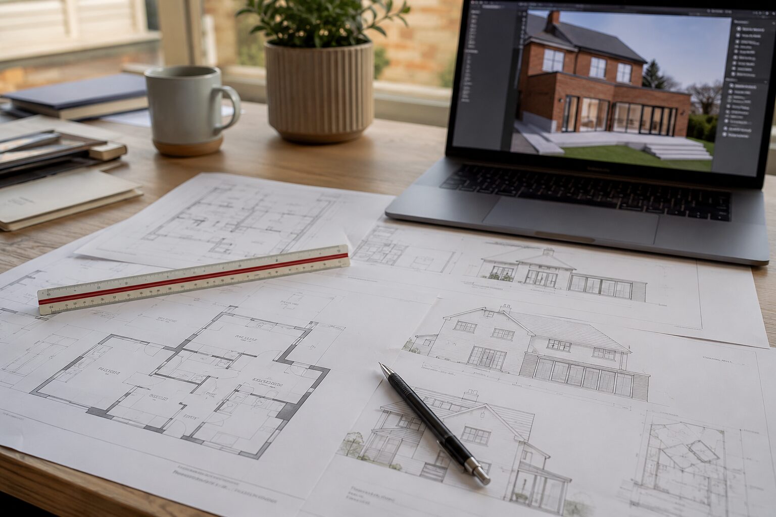 Architectural floor plans and elevation drawings for a Nottingham house extension with 3D model on laptop