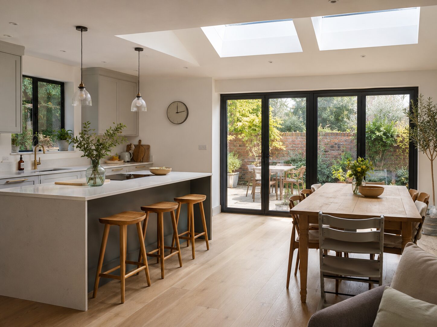 Open-plan kitchen diner extension with rooflights and bifold doors in a Nottingham home