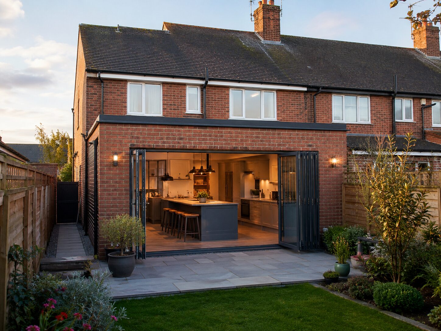 Open-plan kitchen extension with bifold doors and island in a Nottingham home at dusk