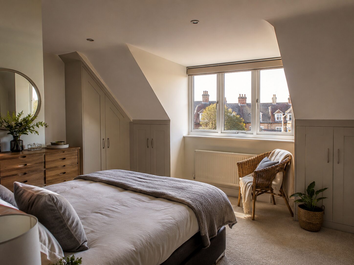 Loft conversion bedroom with dormer window and built-in wardrobes in a Nottingham home