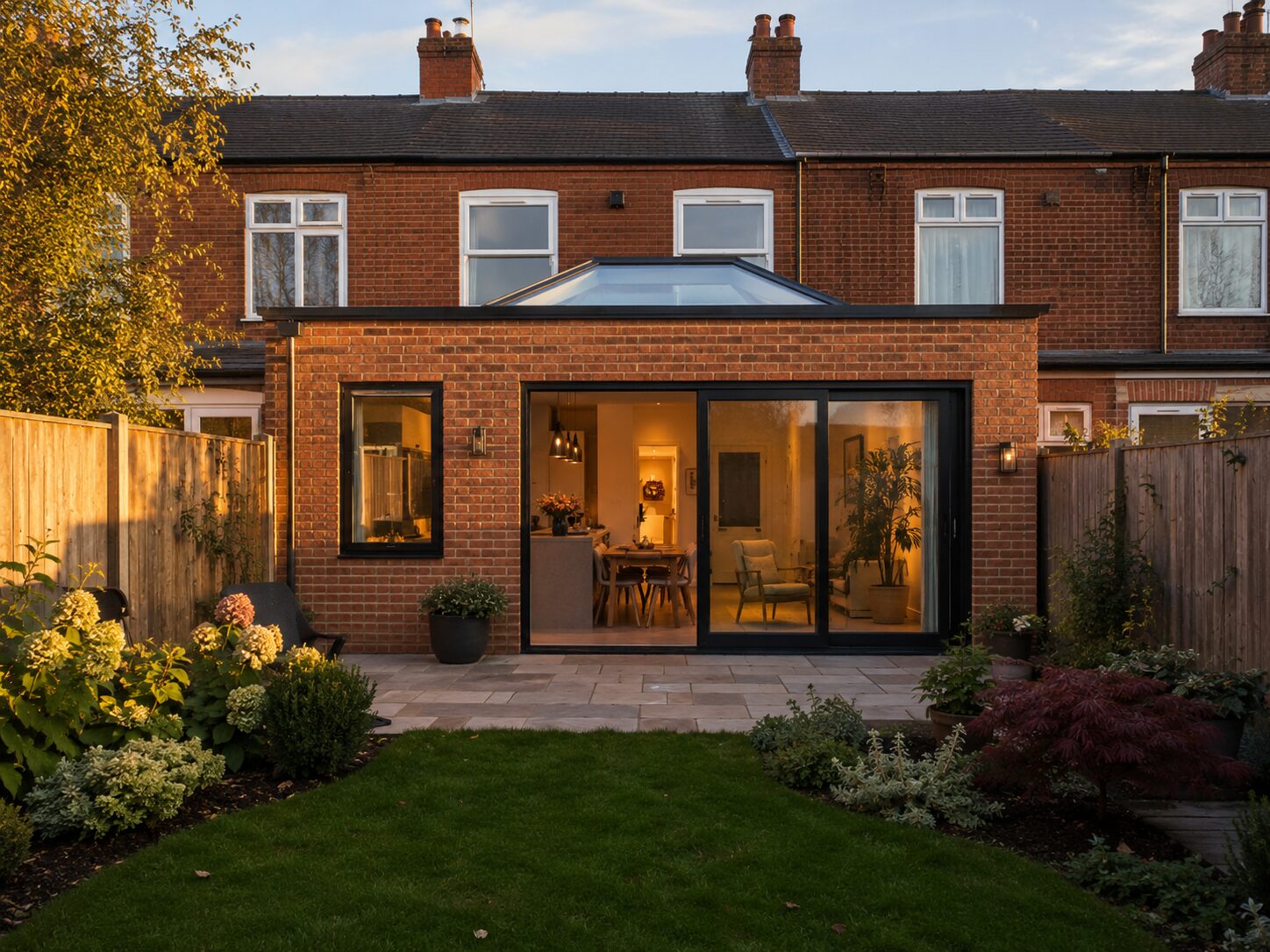 Single storey rear extension with roof lantern on a red-brick terraced house in Nottingham