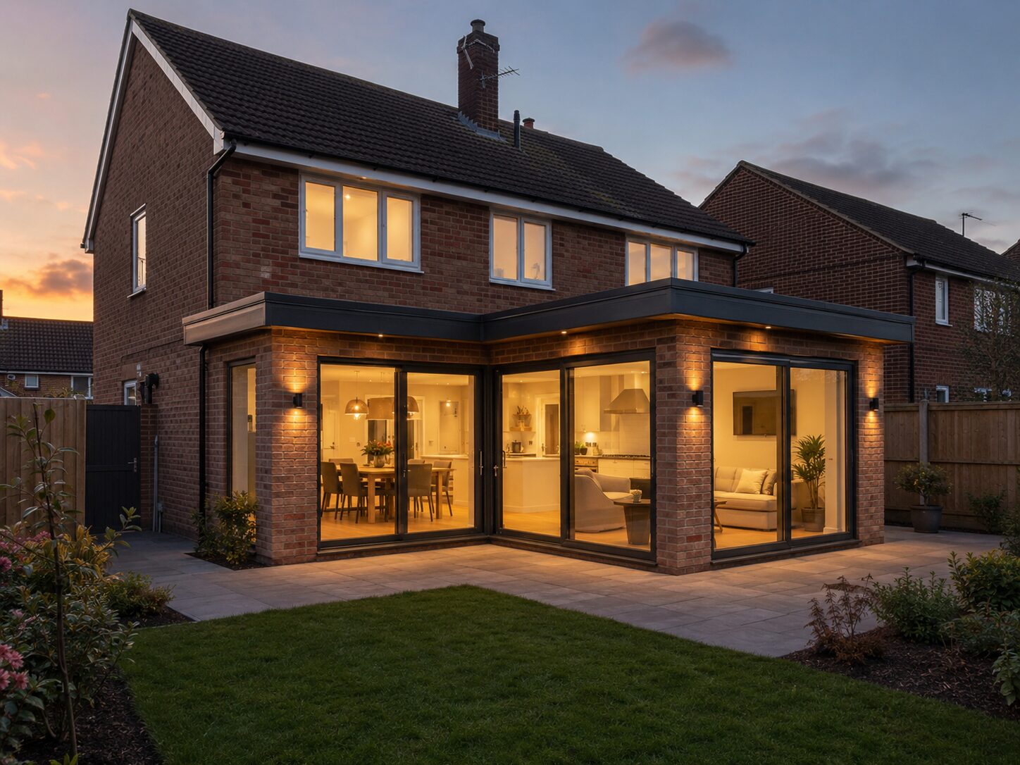 Wrap-around rear extension with corner glazing on a brick house in Nottingham at dusk